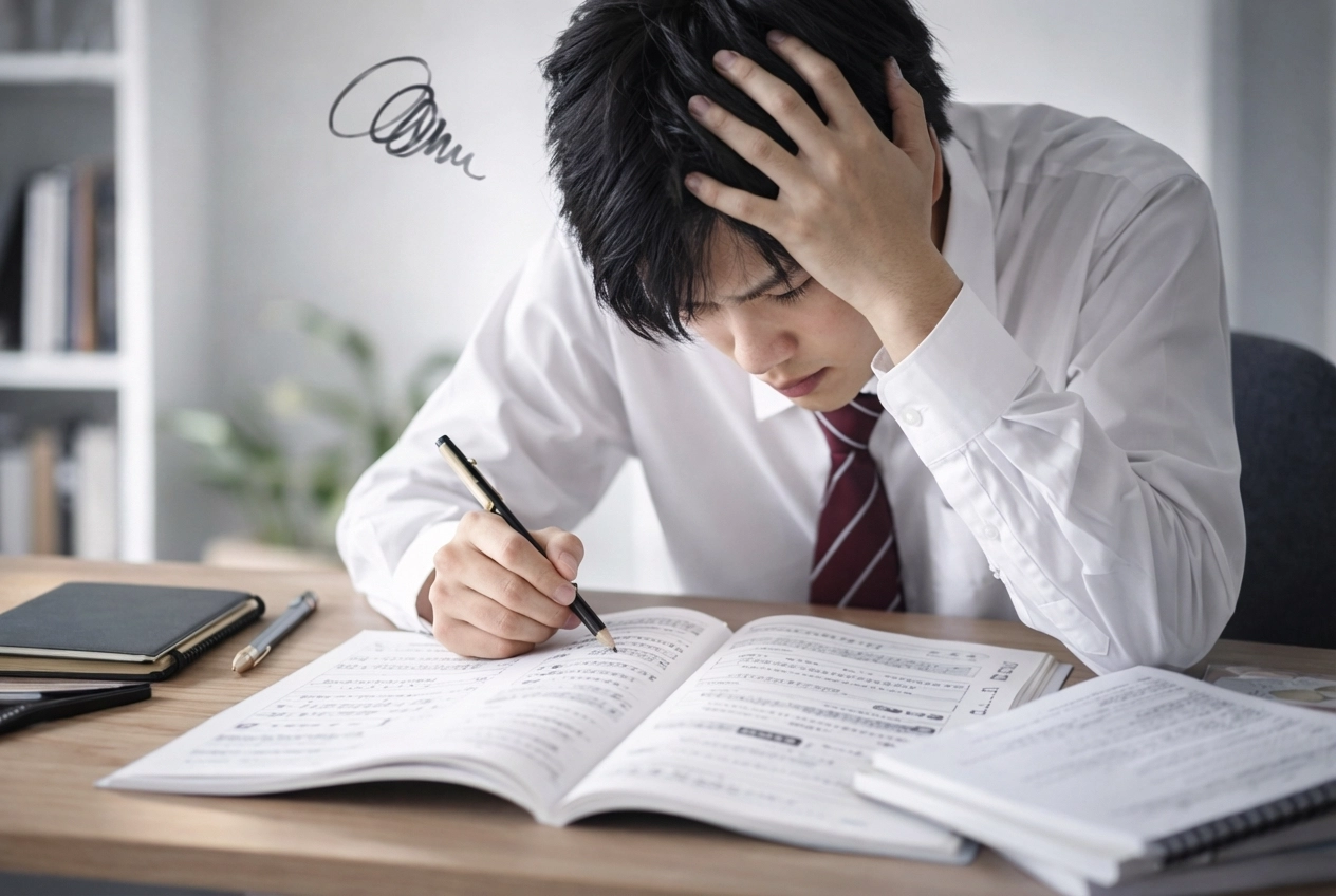 参考書を開いて悩む男子生徒