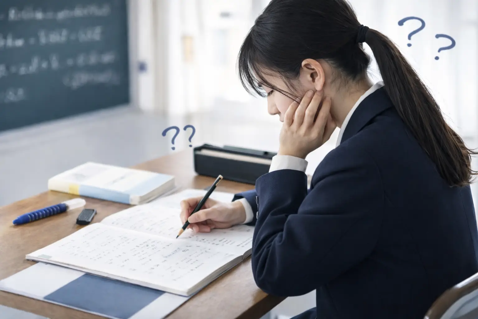 文章題のノートを見て悩む女子生徒