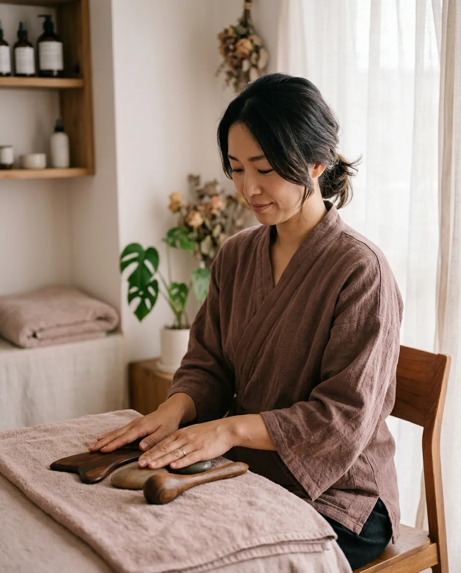 柔らかな光の中、施術道具に静かに手を添えるオーナーの穏やかな佇まい