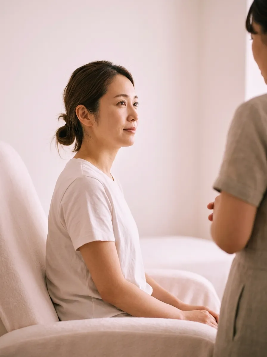 施術を終えて目を閉じたまま深く息を吐く女性の静かな表情と、柔らかな間接光が落ちる個室の空気