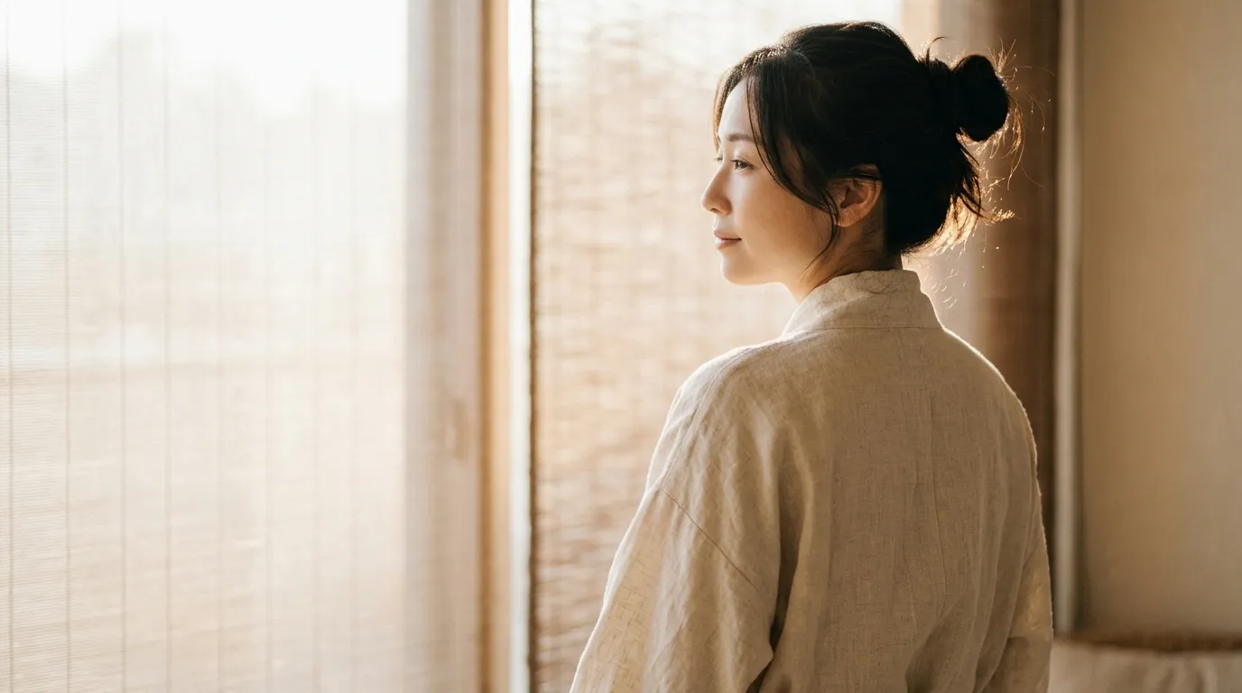 施術を終え、静かな充足感をたたえた表情で個室の柔らかい光の中に佇む女性の姿
